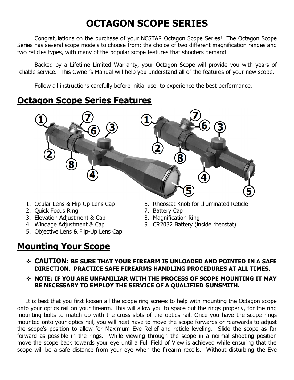 Octagon scope series, Octagon scope series features, Mounting your scope | Caution | NcSTAR SOCTP3940G User Manual | Page 2 / 7