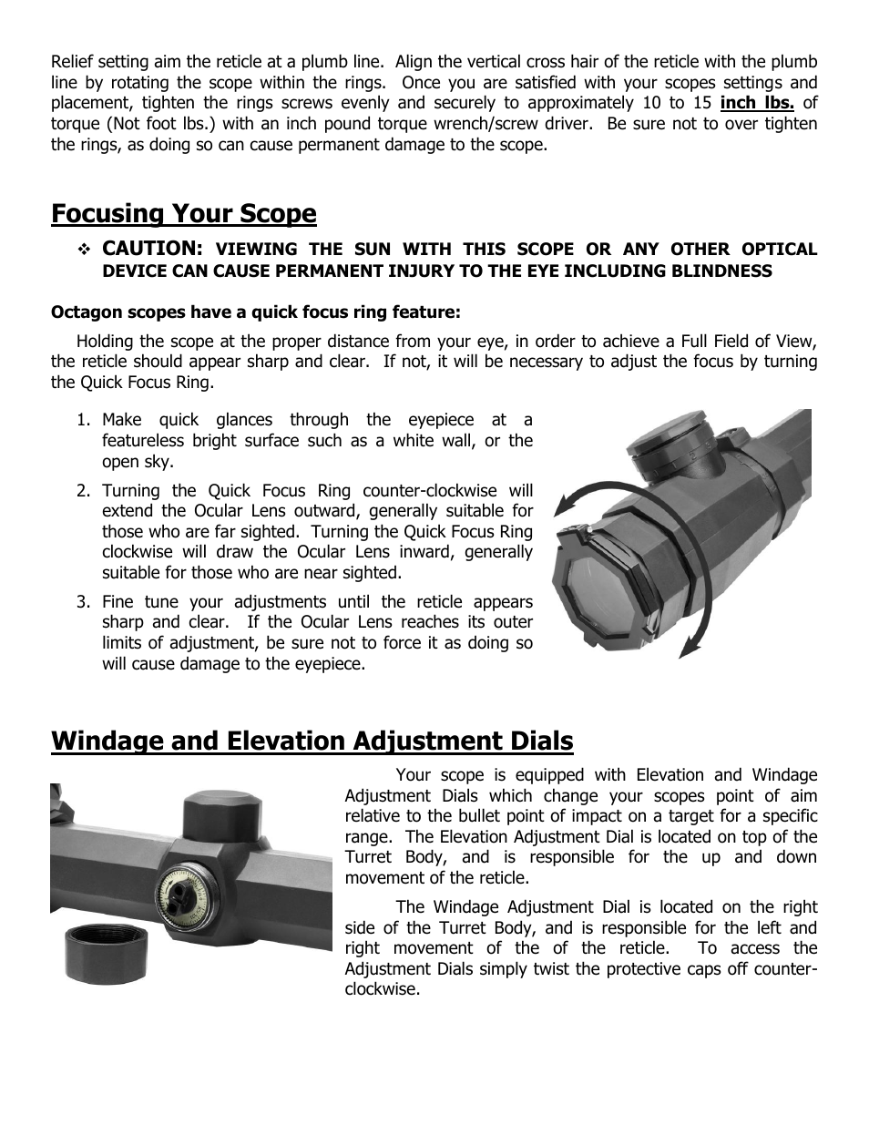 Focusing your scope, Windage and elevation adjustment dials, Caution | NcSTAR SOCTP3940G User Manual | Page 3 / 7