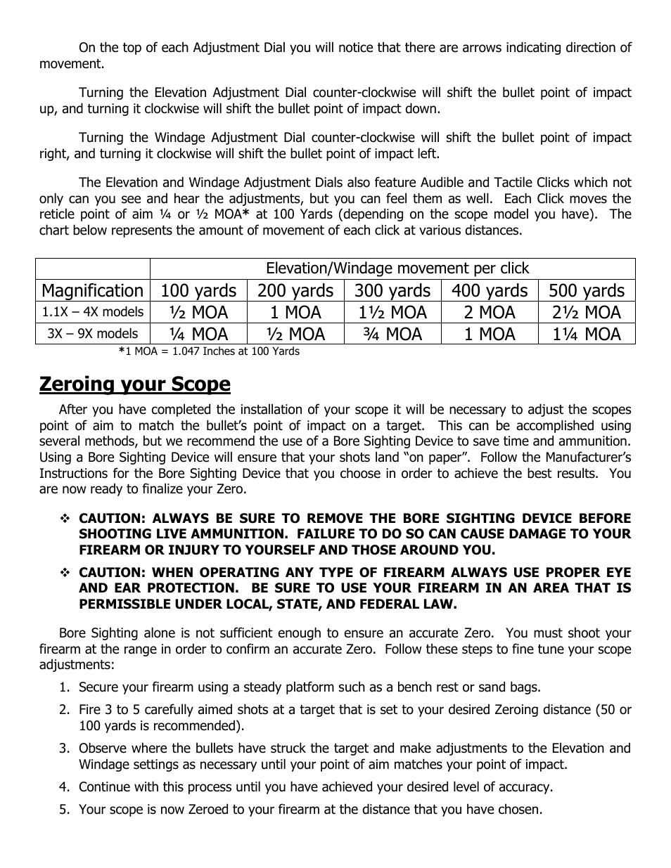 Zeroing your scope, Moa 1 moa 1½ moa 2 moa 2½ moa, Moa ½ moa ¾ moa 1 moa 1¼ moa | Elevation/windage movement per click | NcSTAR SOCTP3940G User Manual | Page 4 / 7