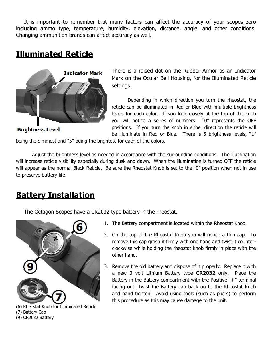 Illuminated reticle, Battery installation | NcSTAR SOCTP3940G User Manual | Page 5 / 7