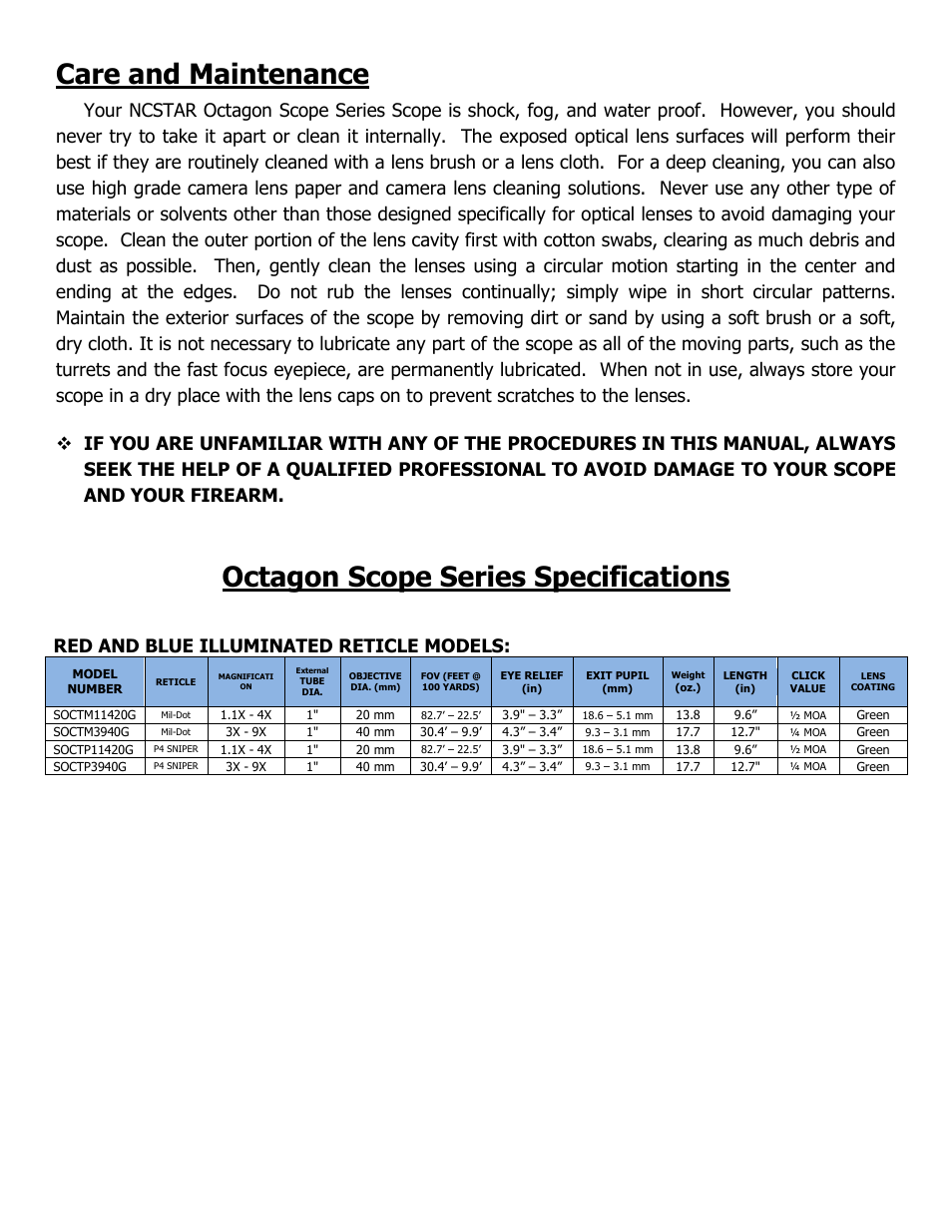 Care and maintenance, Octagon scope series specifications, Red and blue illuminated reticle models | NcSTAR SOCTP3940G User Manual | Page 6 / 7