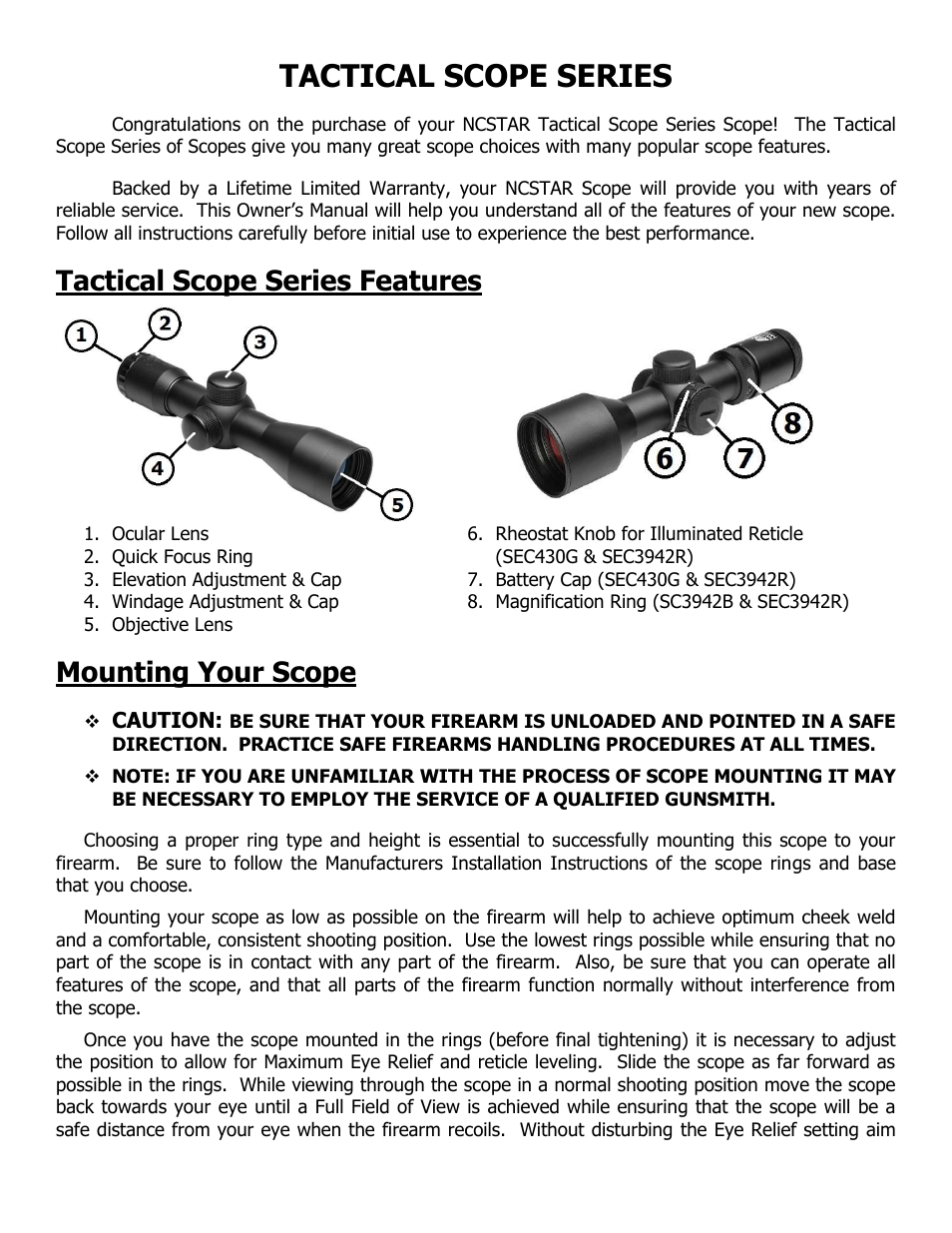 Tactical scope series, Tactical scope series features, Mounting your scope | Caution | NcSTAR SC430B User Manual | Page 2 / 8