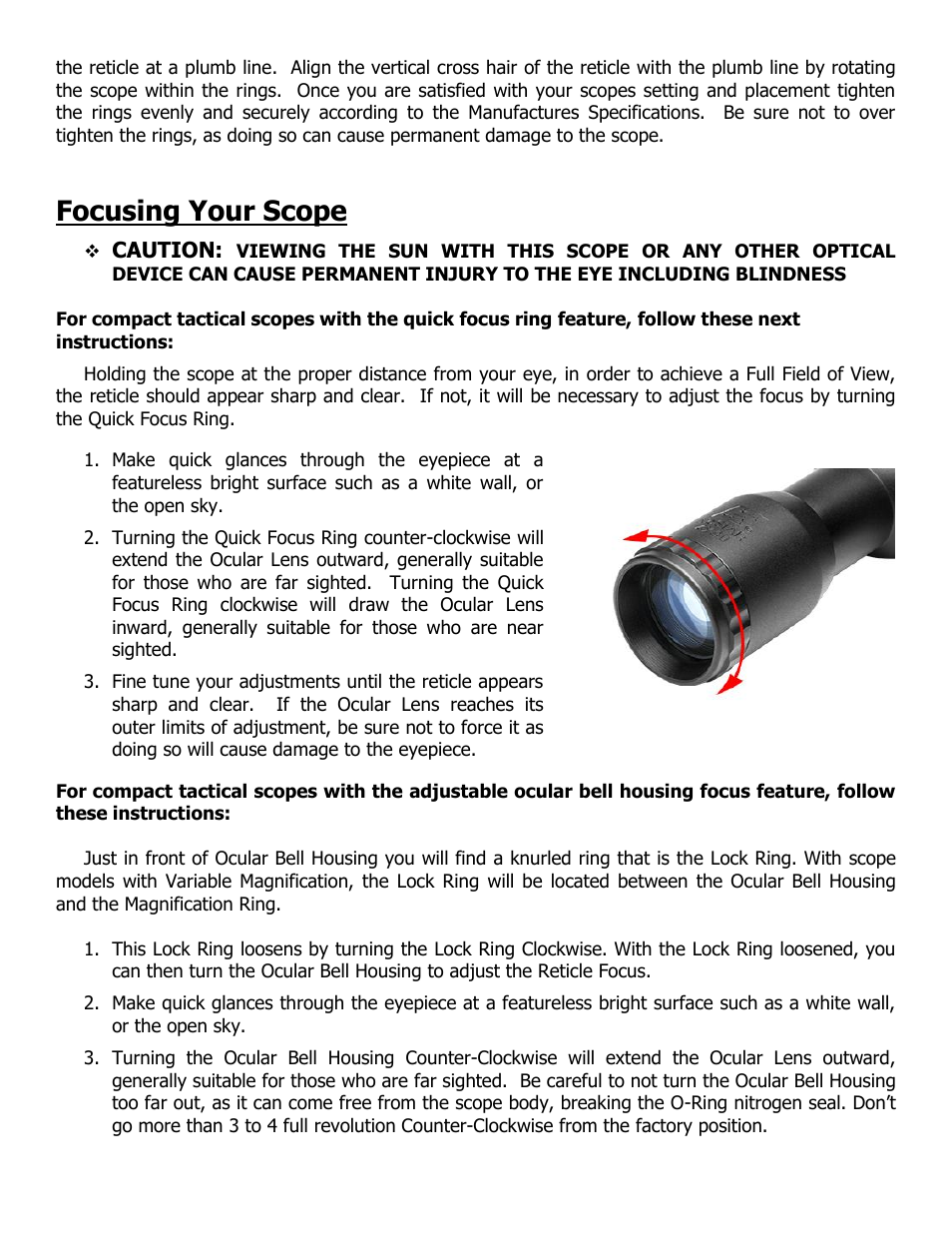 Focusing your scope, Caution | NcSTAR SC430B User Manual | Page 3 / 8
