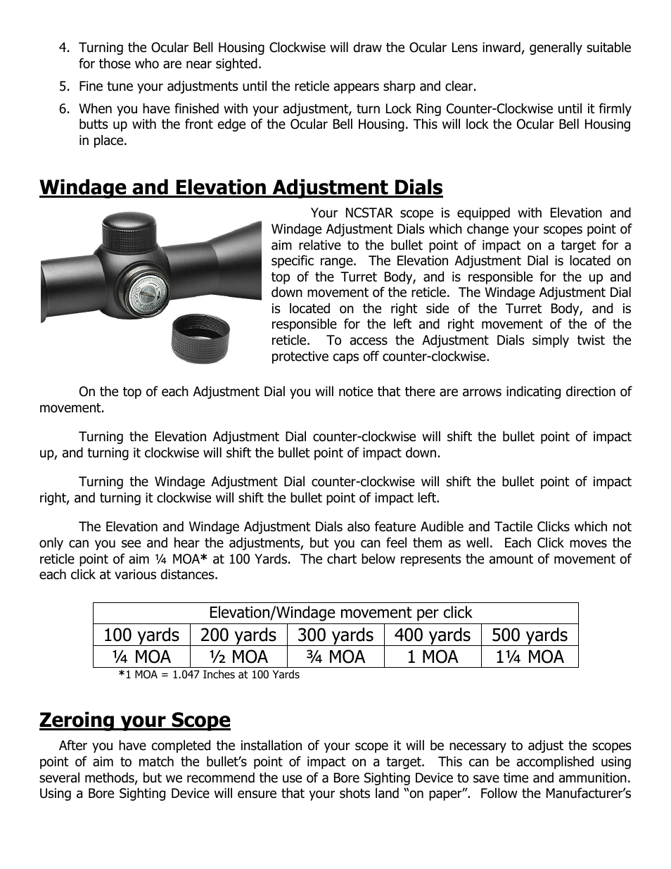 Windage and elevation adjustment dials, Zeroing your scope, Elevation/windage movement per click | NcSTAR SC430B User Manual | Page 4 / 8