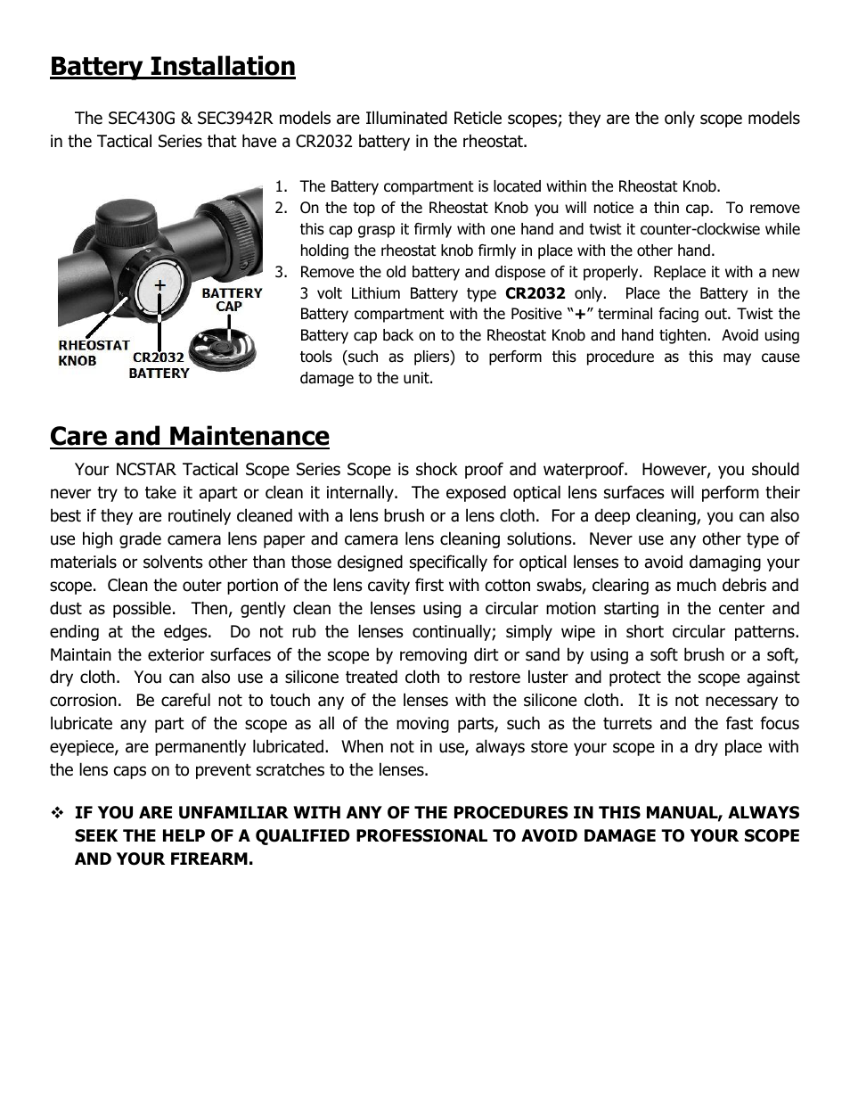 Battery installation, Care and maintenance | NcSTAR SC430B User Manual | Page 6 / 8