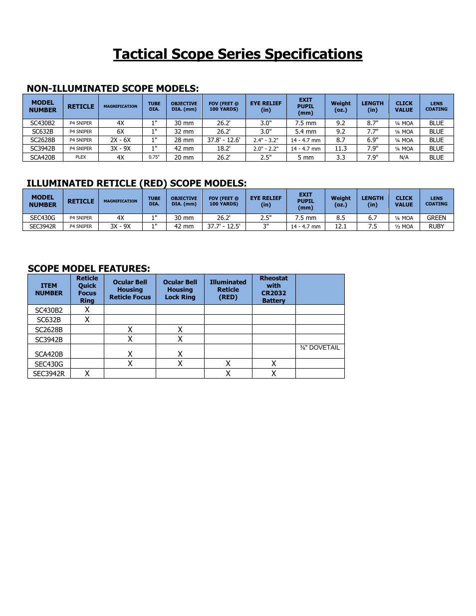 Tactical scope series specifications, Scope model features, Non-illuminated scope models | Illuminated reticle (red) scope models | NcSTAR SC430B User Manual | Page 7 / 8