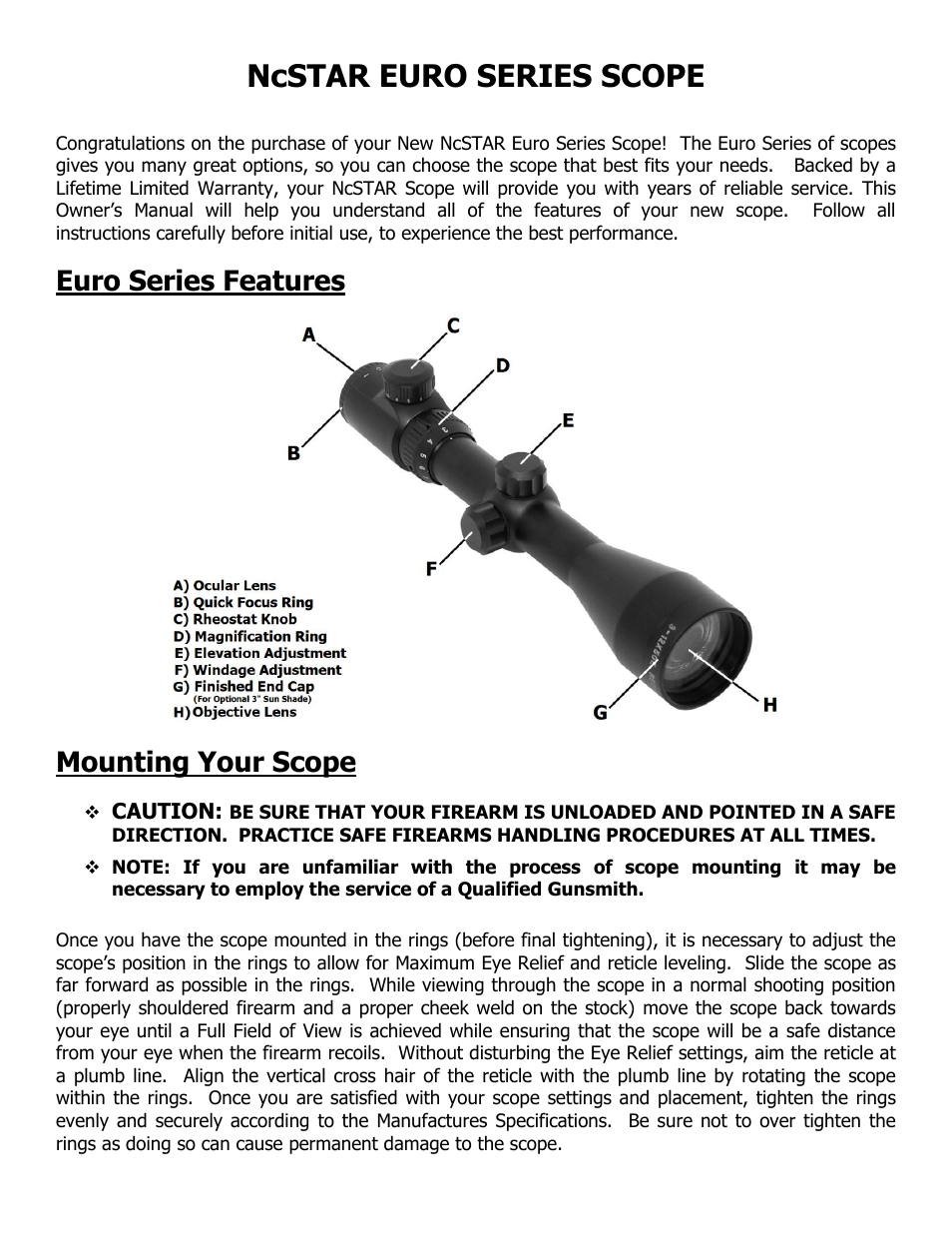 Ncstar euro series scope, Euro series features, Mounting your scope | Caution | NcSTAR SUS31250G User Manual | Page 2 / 8