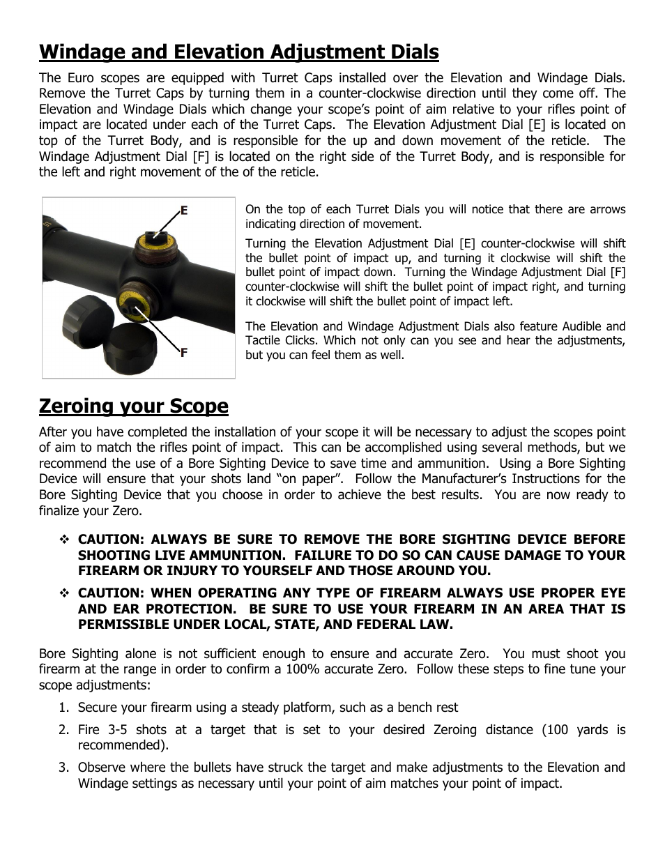 Windage and elevation adjustment dials, Zeroing your scope | NcSTAR SUS31250G User Manual | Page 4 / 8