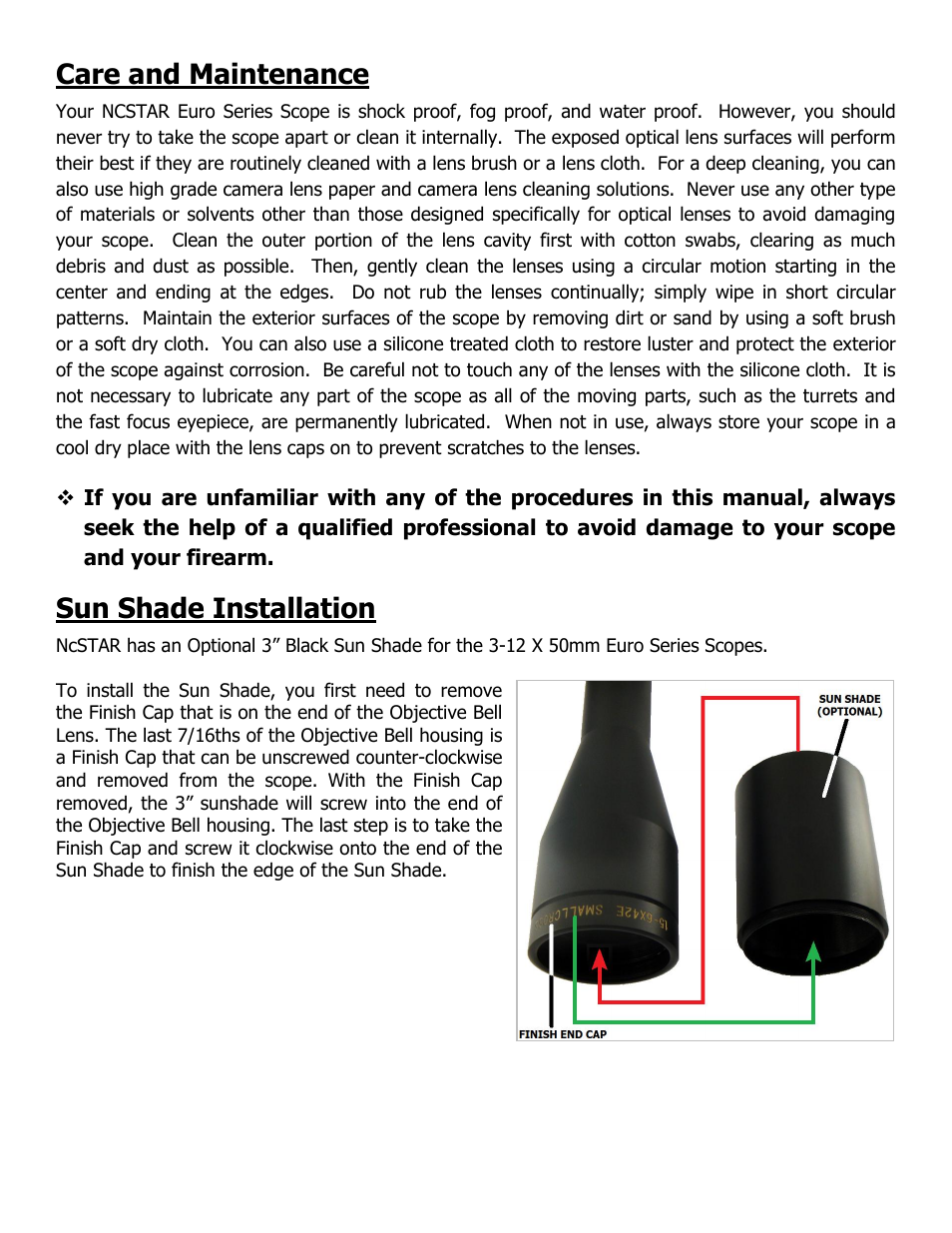 Care and maintenance, Sun shade installation | NcSTAR SUS31250G User Manual | Page 6 / 8