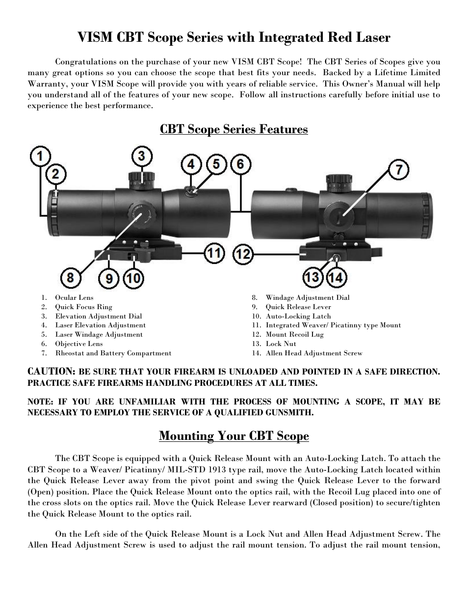 Vism cbt scope series with integrated red laser, Cbt scope series features, Mounting your cbt scope | Caution | NcSTAR VCBTREP3540G User Manual | Page 2 / 8