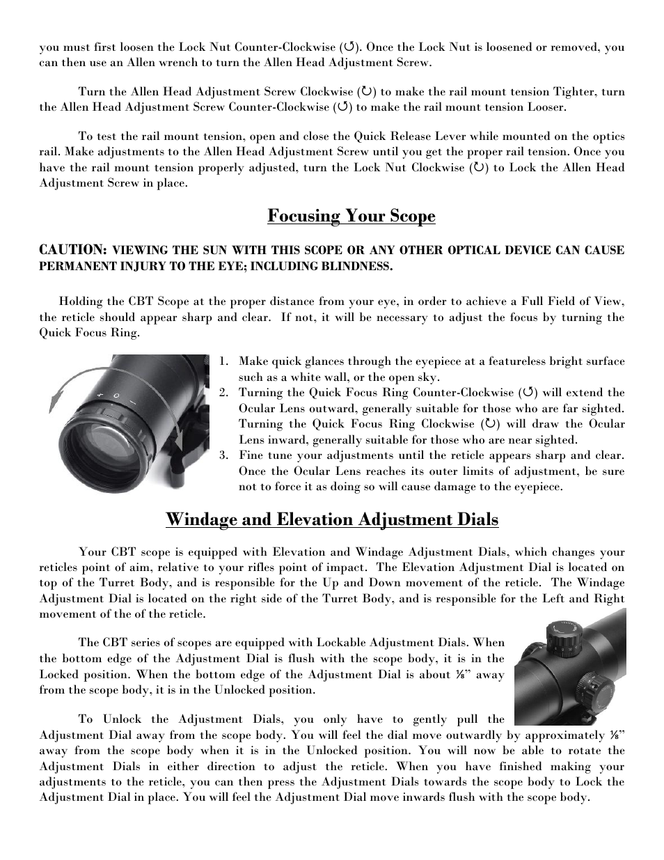 Focusing your scope, Windage and elevation adjustment dials, Caution | NcSTAR VCBTREP3540G User Manual | Page 3 / 8