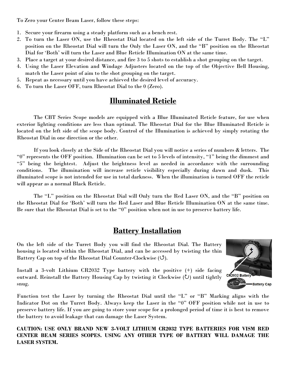 Illuminated reticle, Battery installation | NcSTAR VCBTREP3540G User Manual | Page 6 / 8