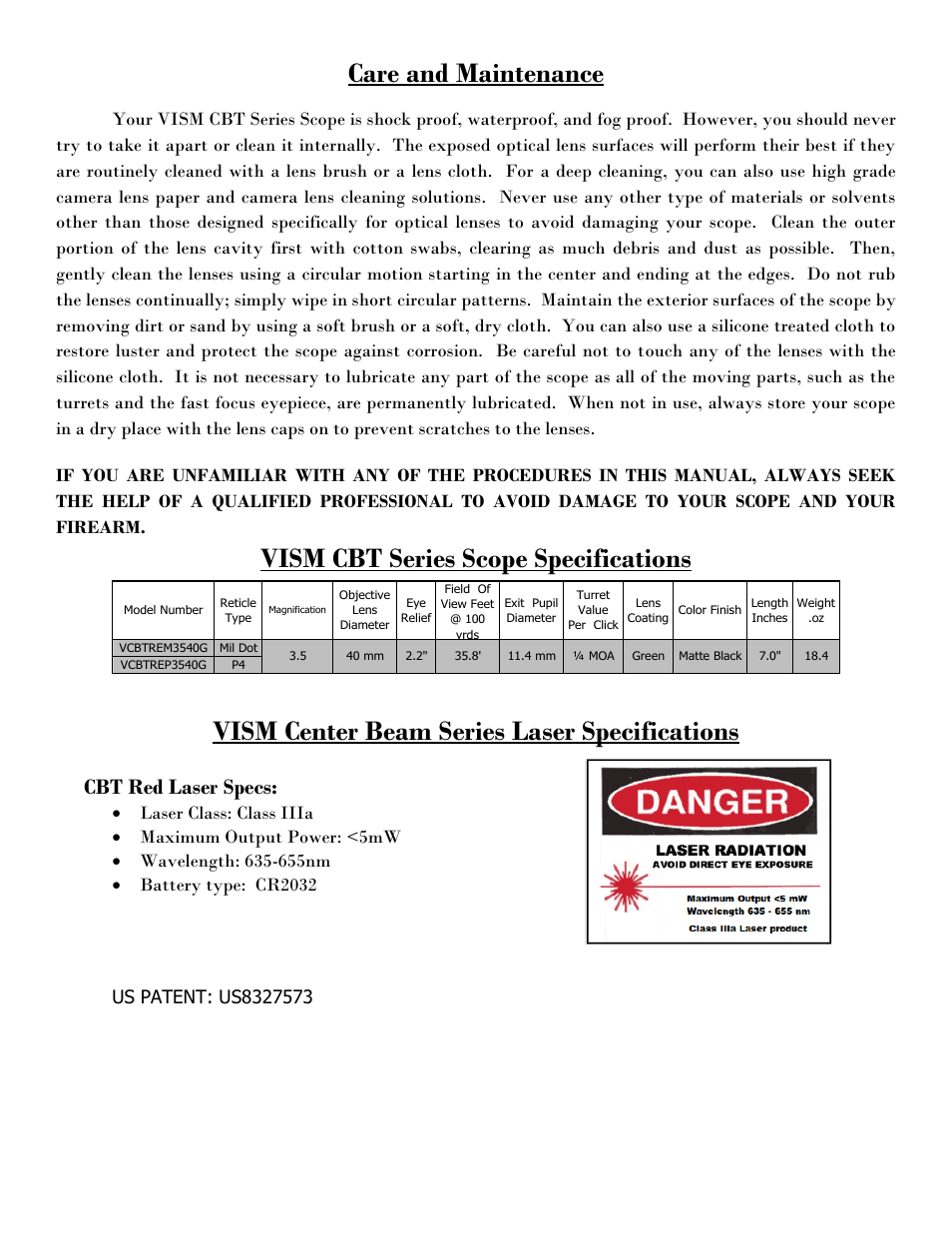 Care and maintenance, Vism cbt series scope specifications, Vism center beam series laser specifications | Cbt red laser specs | NcSTAR VCBTREP3540G User Manual | Page 7 / 8