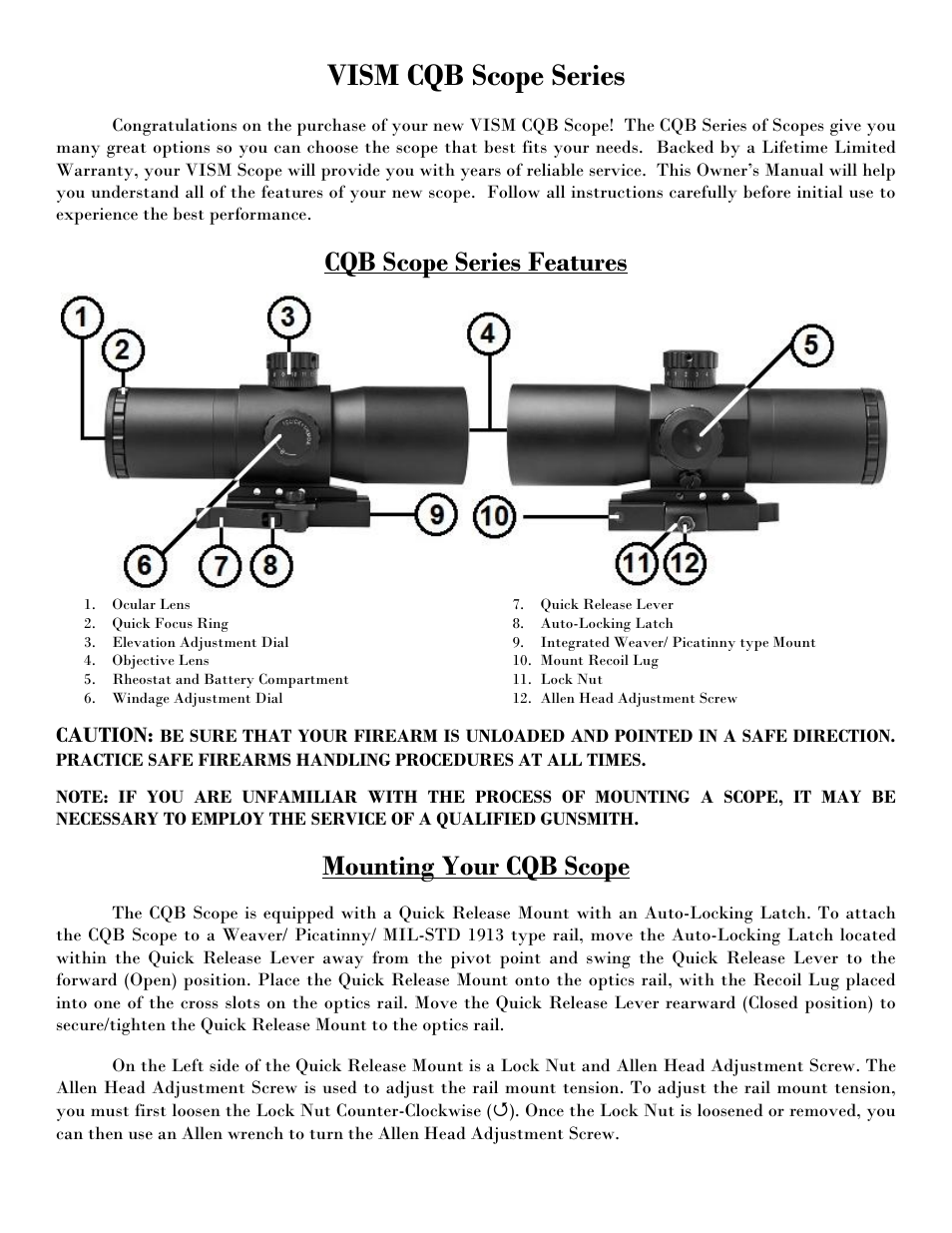 Vism cqb scope series, Cqb scope series features, Mounting your cqb scope | Caution | NcSTAR VCQBEP3540G User Manual | Page 2 / 7