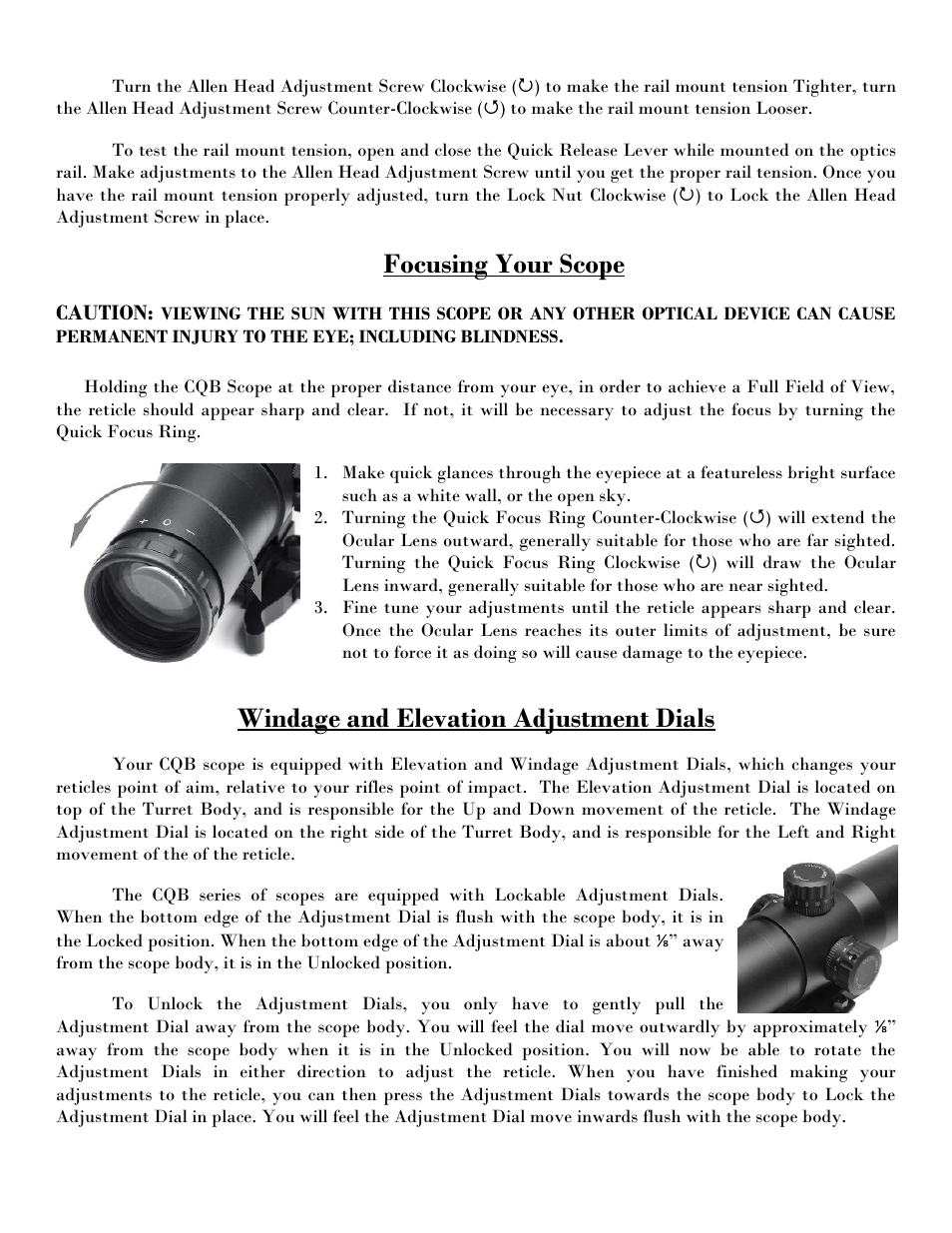 Focusing your scope, Windage and elevation adjustment dials, Caution | NcSTAR VCQBEP3540G User Manual | Page 3 / 7