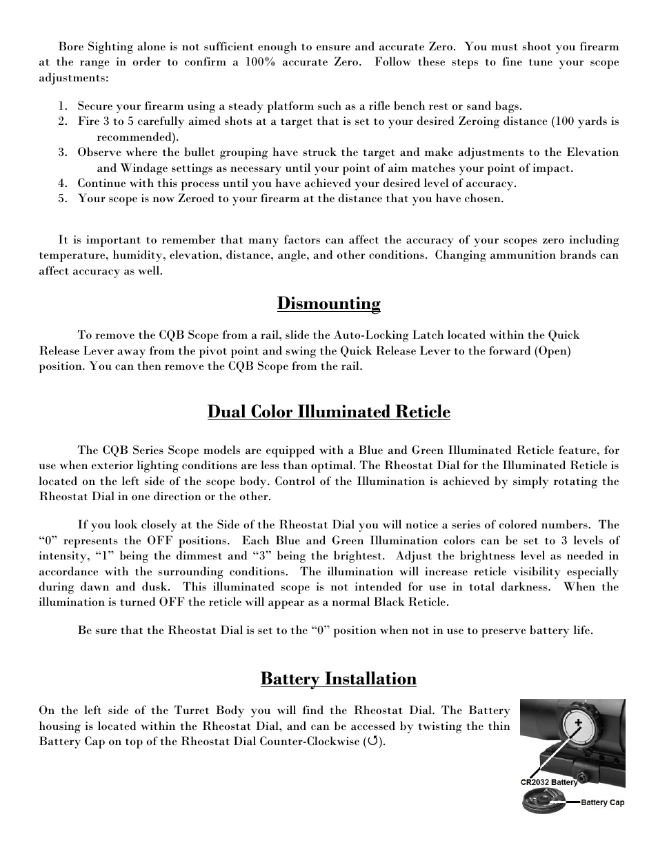 Dismounting, Dual color illuminated reticle, Battery installation | NcSTAR VCQBEP3540G User Manual | Page 5 / 7