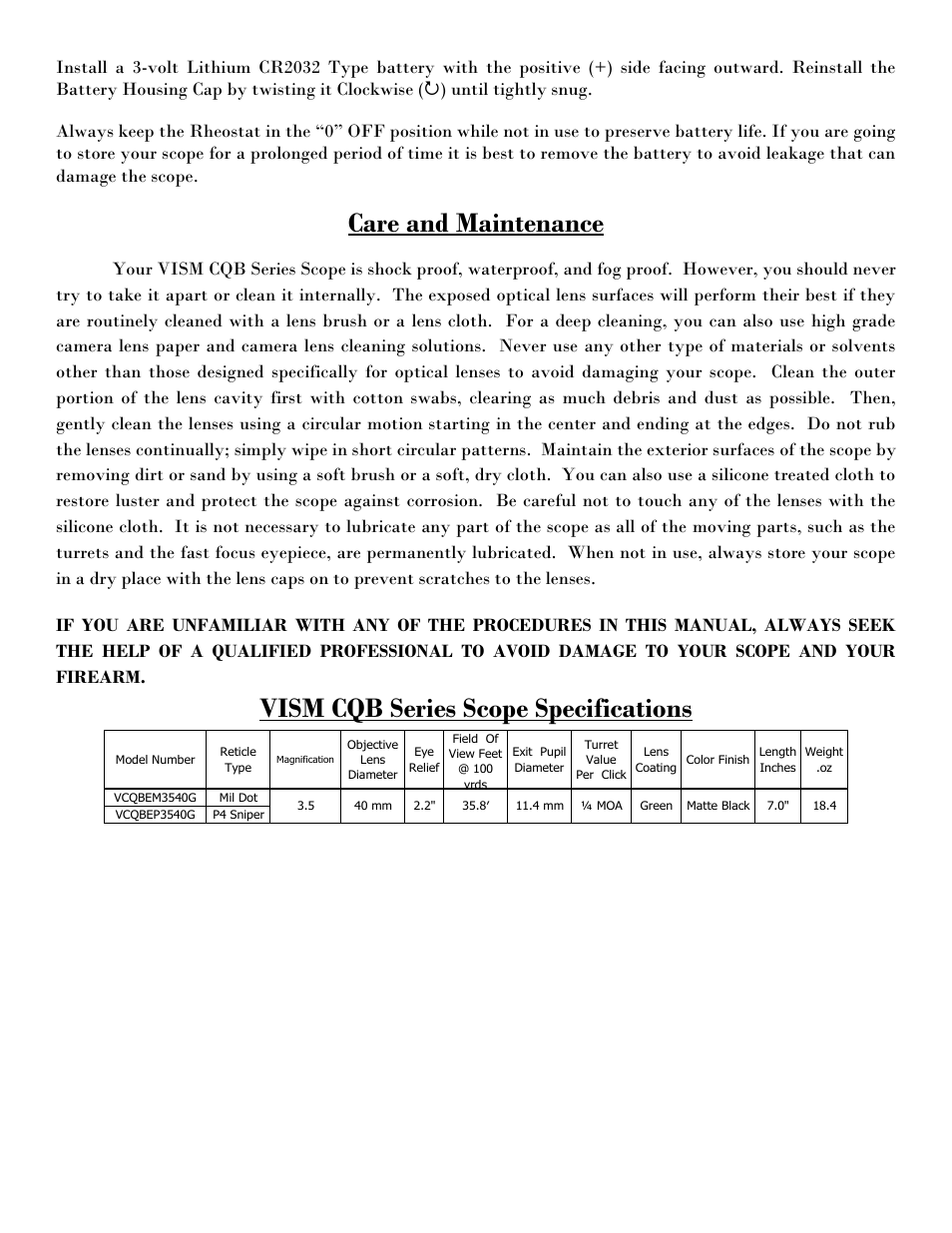 Care and maintenance, Vism cqb series scope specifications | NcSTAR VCQBEP3540G User Manual | Page 6 / 7