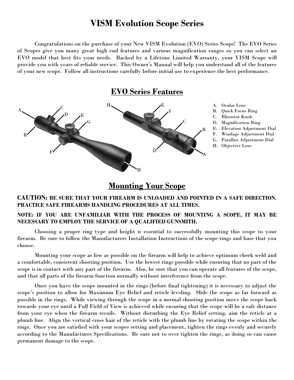 Vism evolution scope series, Evo series features, Mounting your scope | Caution | NcSTAR VEVOFP62450G User Manual | Page 2 / 8