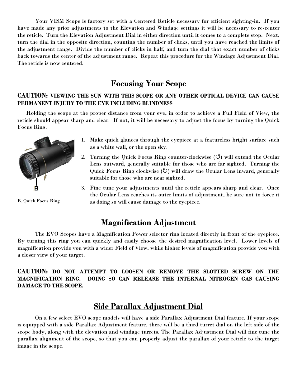 Focusing your scope, Magnification adjustment, Side parallax adjustment dial | Caution | NcSTAR VEVOFP62450G User Manual | Page 3 / 8