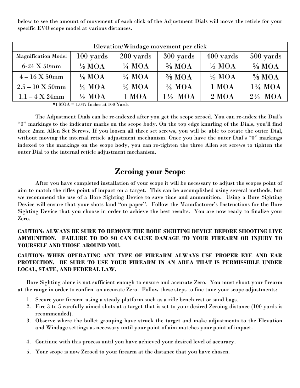 Zeroing your scope, Moa ¼ moa ⅜ moa ½ moa ⅝ moa, Moa ½ moa ¾ moa 1 moa 1¼ moa | Moa 1 moa 1½ moa 2 moa 2½ moa | NcSTAR VEVOFP62450G User Manual | Page 5 / 8