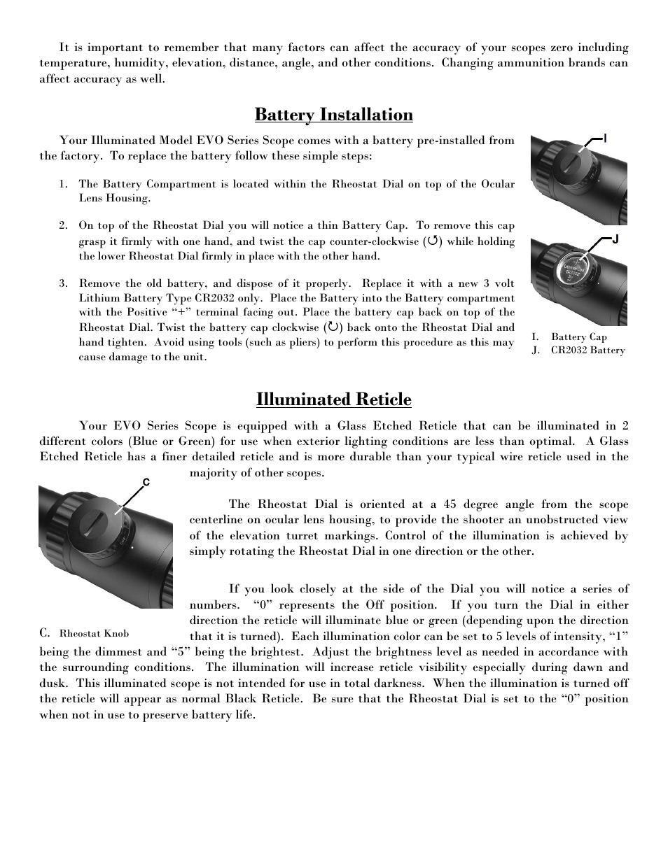 Battery installation, Illuminated reticle | NcSTAR VEVOFP62450G User Manual | Page 6 / 8