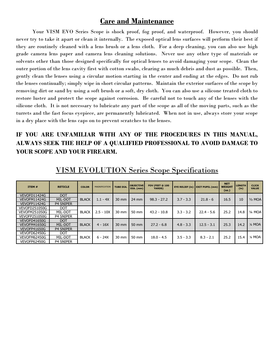 Care and maintenance, Vism evolution series scope specifications | NcSTAR VEVOFP62450G User Manual | Page 7 / 8