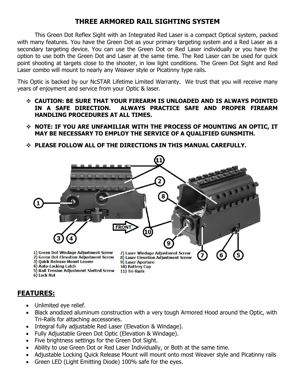 Three armored rail sighting system, Features | NcSTAR D3ARSGQLR2 User Manual | Page 2 / 7