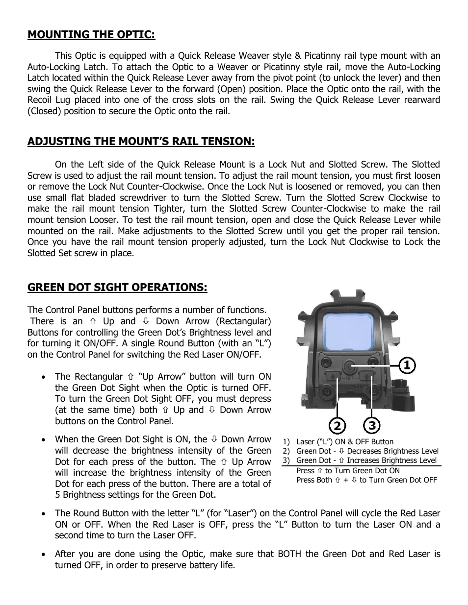 Mounting the optic, Adjusting the mount’s rail tension, Green dot sight operations | NcSTAR D3ARSGQLR2 User Manual | Page 3 / 7