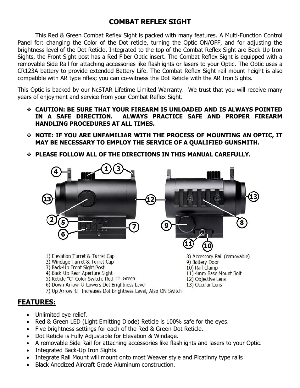 Combat reflex sight, Features | NcSTAR DCRS142 User Manual | Page 2 / 7