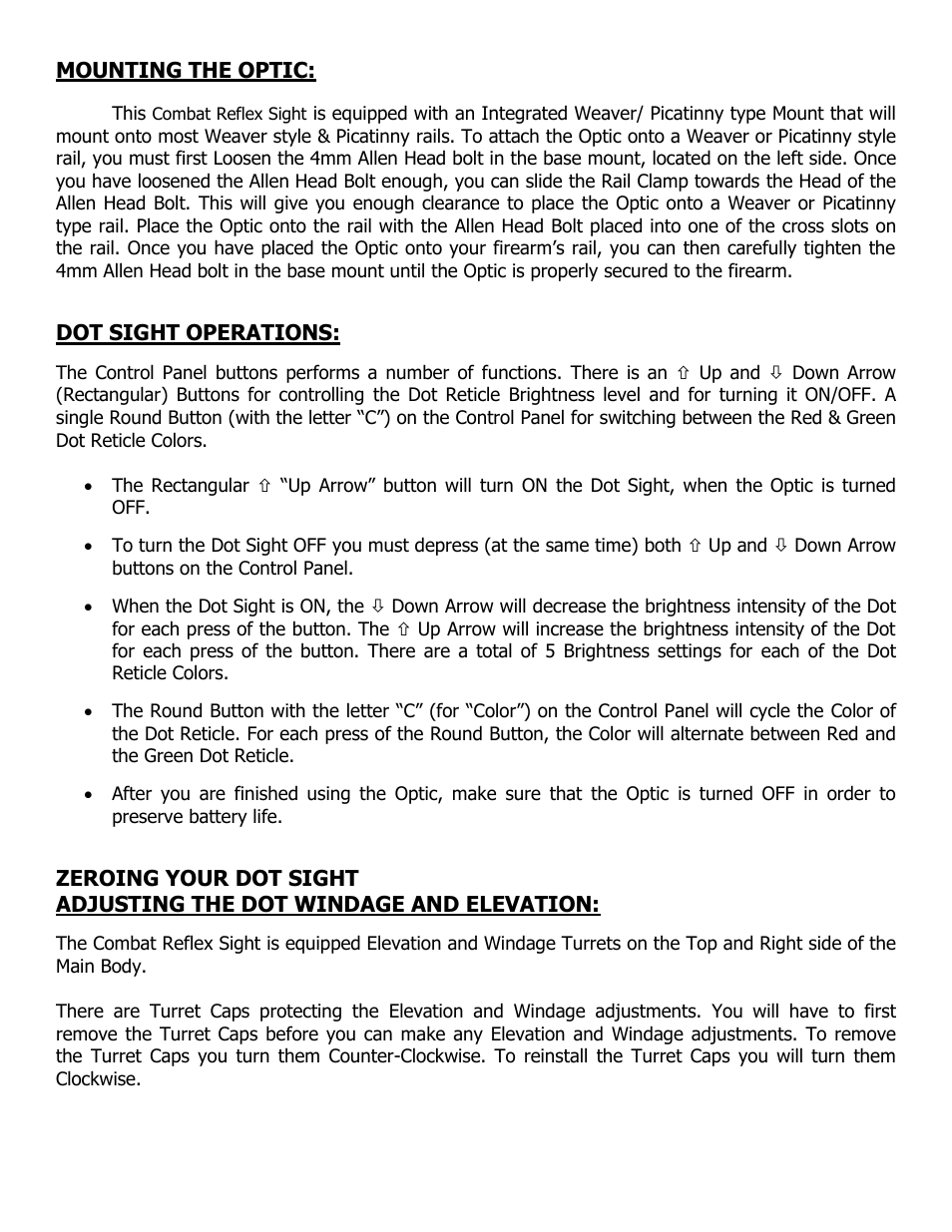 Mounting the optic, Dot sight operations | NcSTAR DCRS142 User Manual | Page 3 / 7