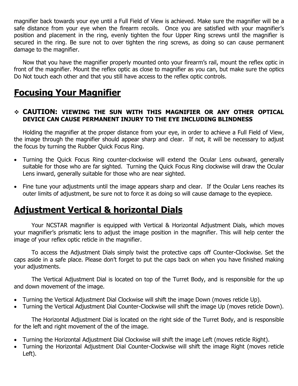 Focusing your magnifier, Adjustment vertical & horizontal dials | NcSTAR RB24 User Manual | Page 3 / 4