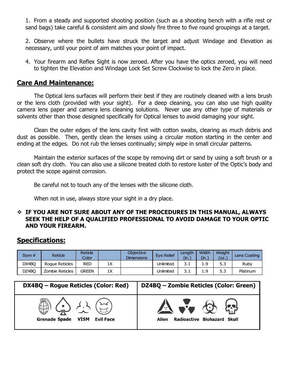 Care and maintenance, Specifications | NcSTAR DZ4BQ User Manual | Page 5 / 6