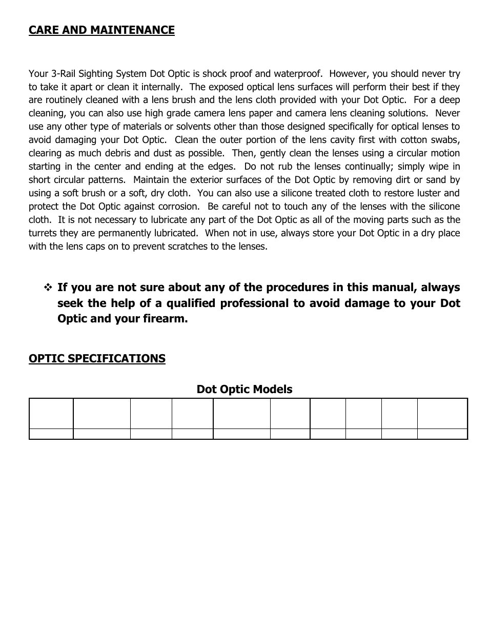 Care and maintenance, Optic specifications dot optic models | NcSTAR D3RS135 User Manual | Page 5 / 5