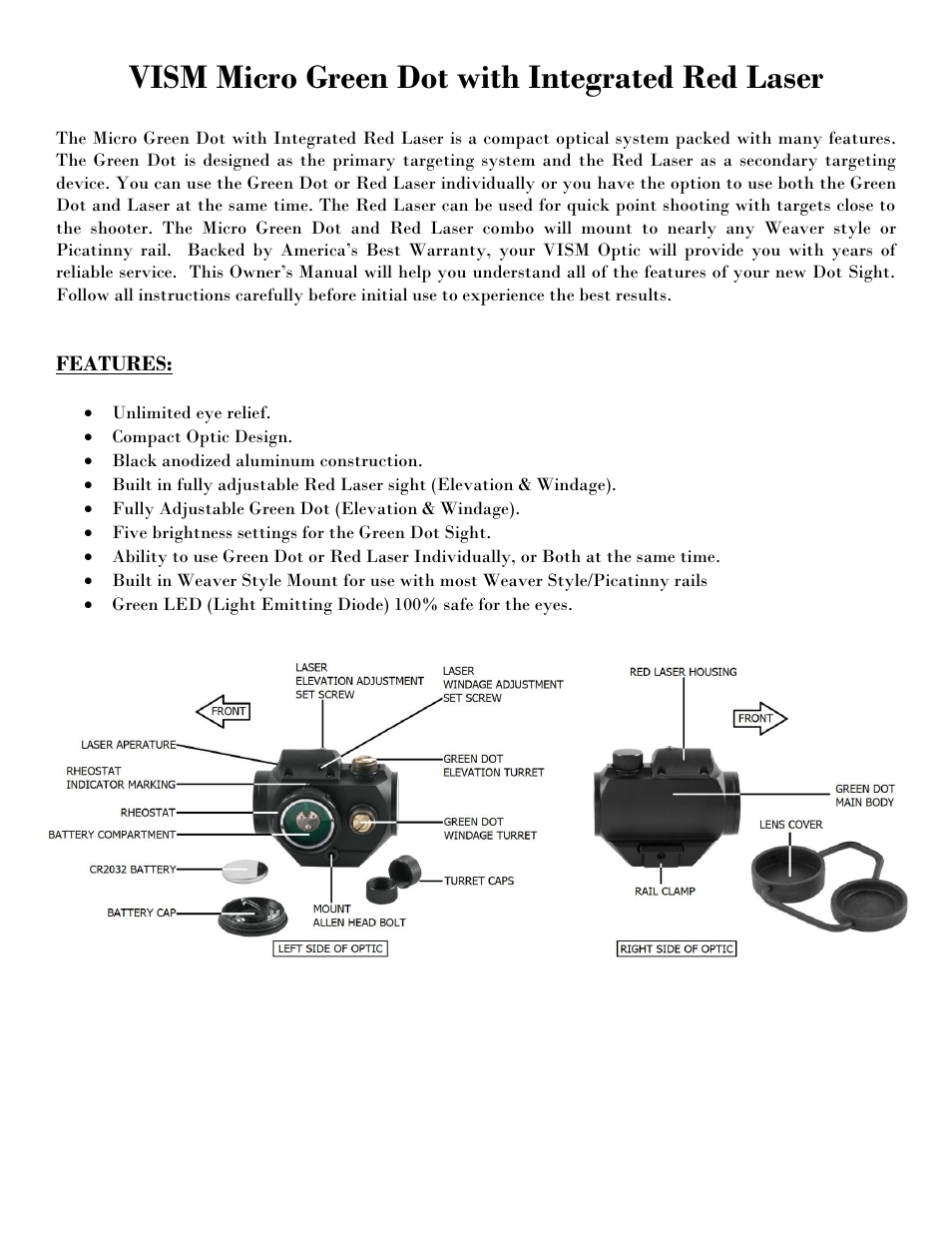Vism micro green dot with integrated red laser | NcSTAR VDGRLB User Manual | Page 2 / 7