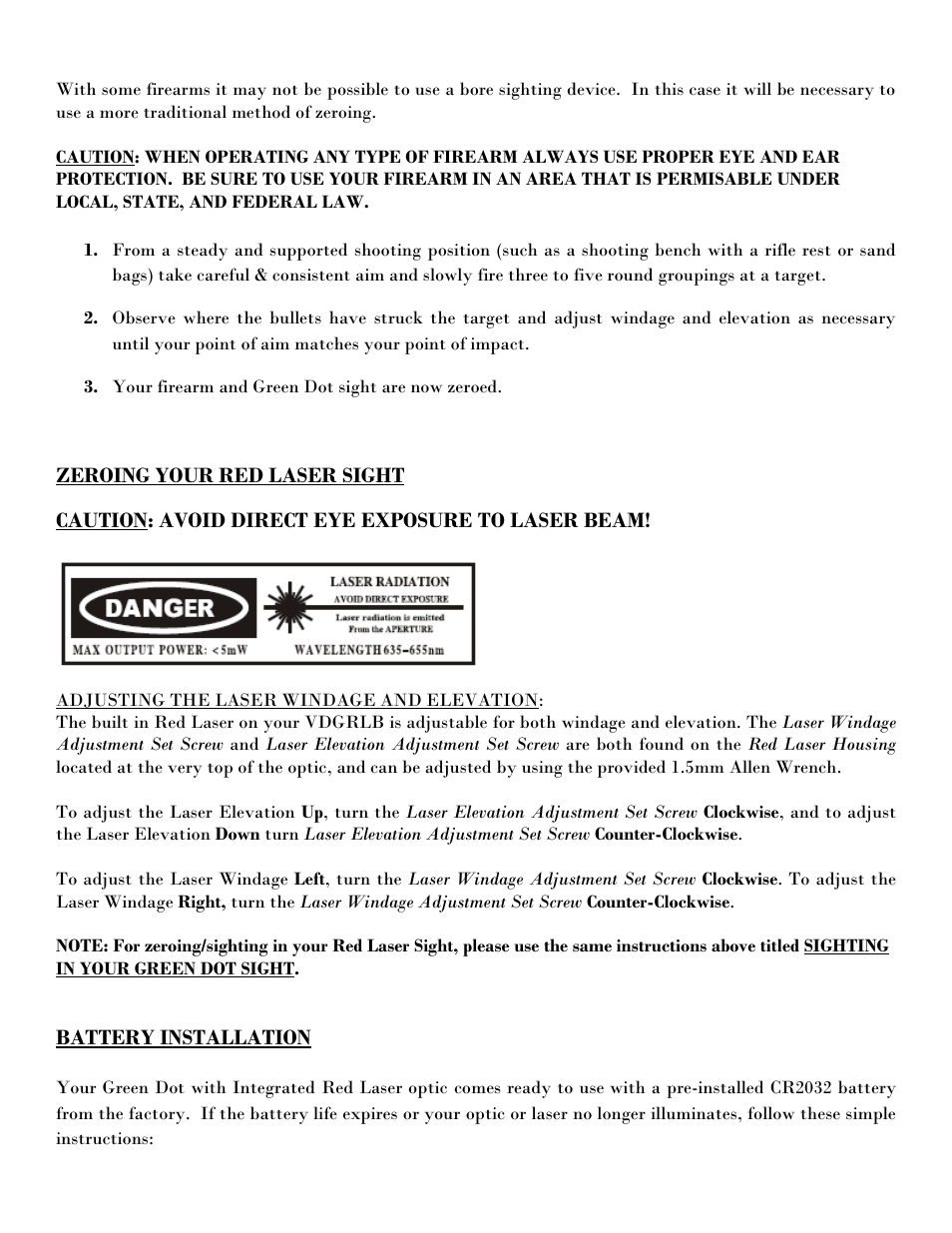 Zeroing your red laser sight, Caution: avoid direct eye exposure to laser beam, Battery installation | NcSTAR VDGRLB User Manual | Page 5 / 7