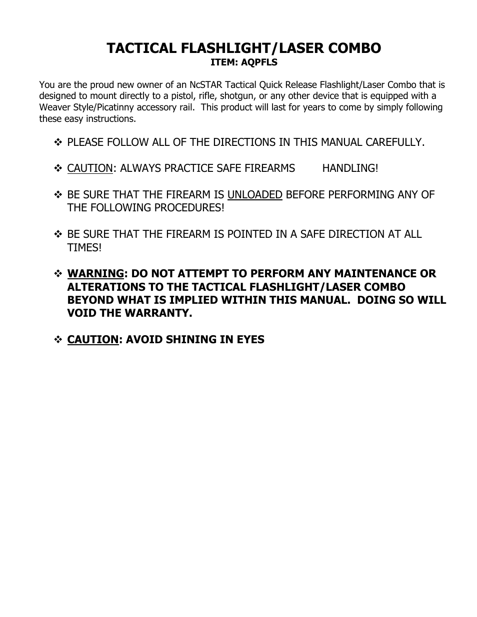 Tactical flashlight/laser combo | NcSTAR AQPFLS User Manual | Page 2 / 6