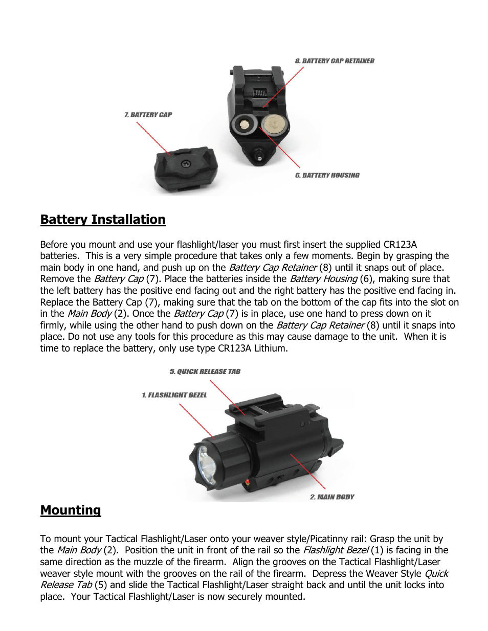 Battery installation, Mounting | NcSTAR AQPFLS User Manual | Page 3 / 6