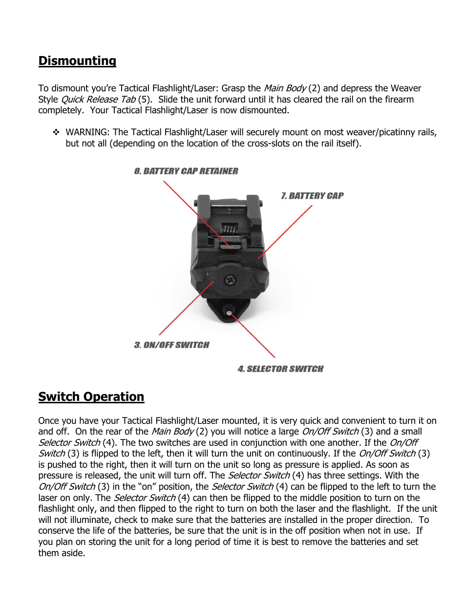 Dismounting, Switch operation | NcSTAR AQPFLS User Manual | Page 4 / 6