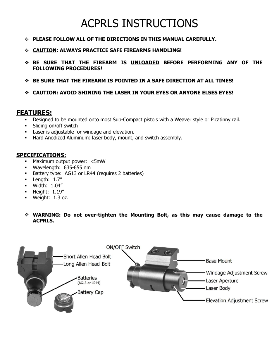 NcSTAR ACPRLS User Manual | 2 pages