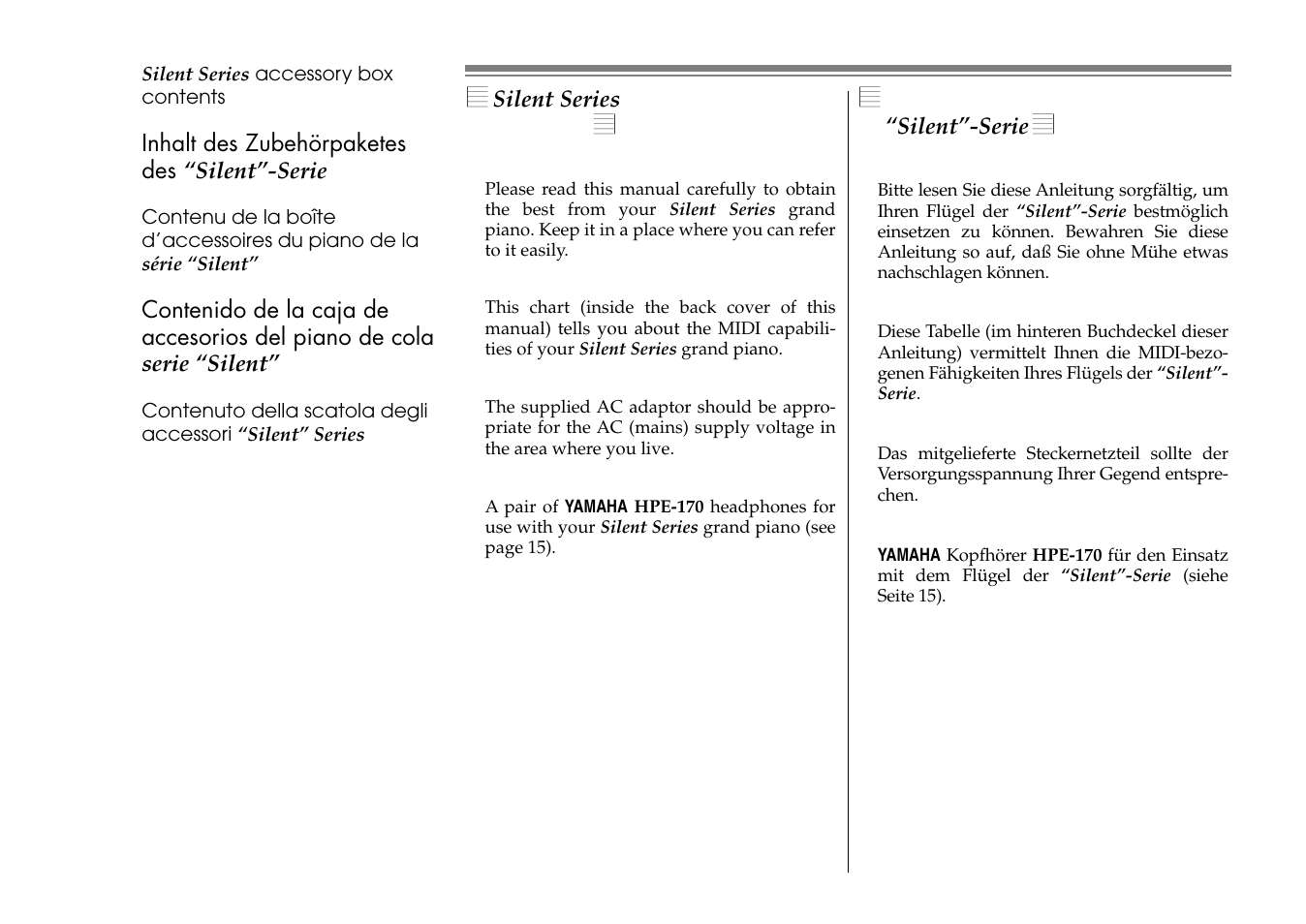 Inhalt des zubehorpaketes des “silent”-serie, Silent series, Accessory box contents | Inhalt des zubehörpaketes, Silent”-serie, Midi-implementationstabelle (siehe seite 7) | Yamaha C1S User Manual | Page 11 / 64