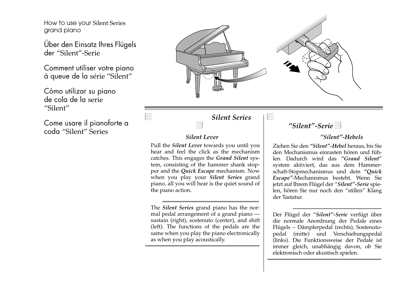 Uber den einsatz ihres flugels der “silent”-serie, How to use your, Silent series | Grand piano, Über den einsatz ihres, Flügels der, Silent”-serie, Como utilizar su piano de cola, De la, Serie “silent | Yamaha C1S User Manual | Page 21 / 64
