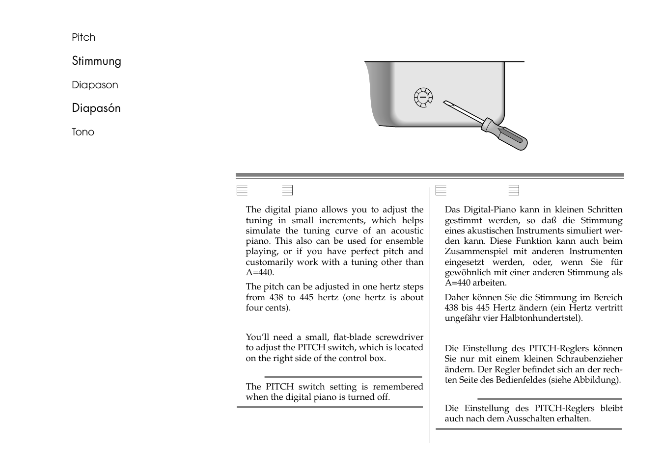 Stimmung, Pitch, Diapasón | Yamaha C1S User Manual | Page 33 / 64