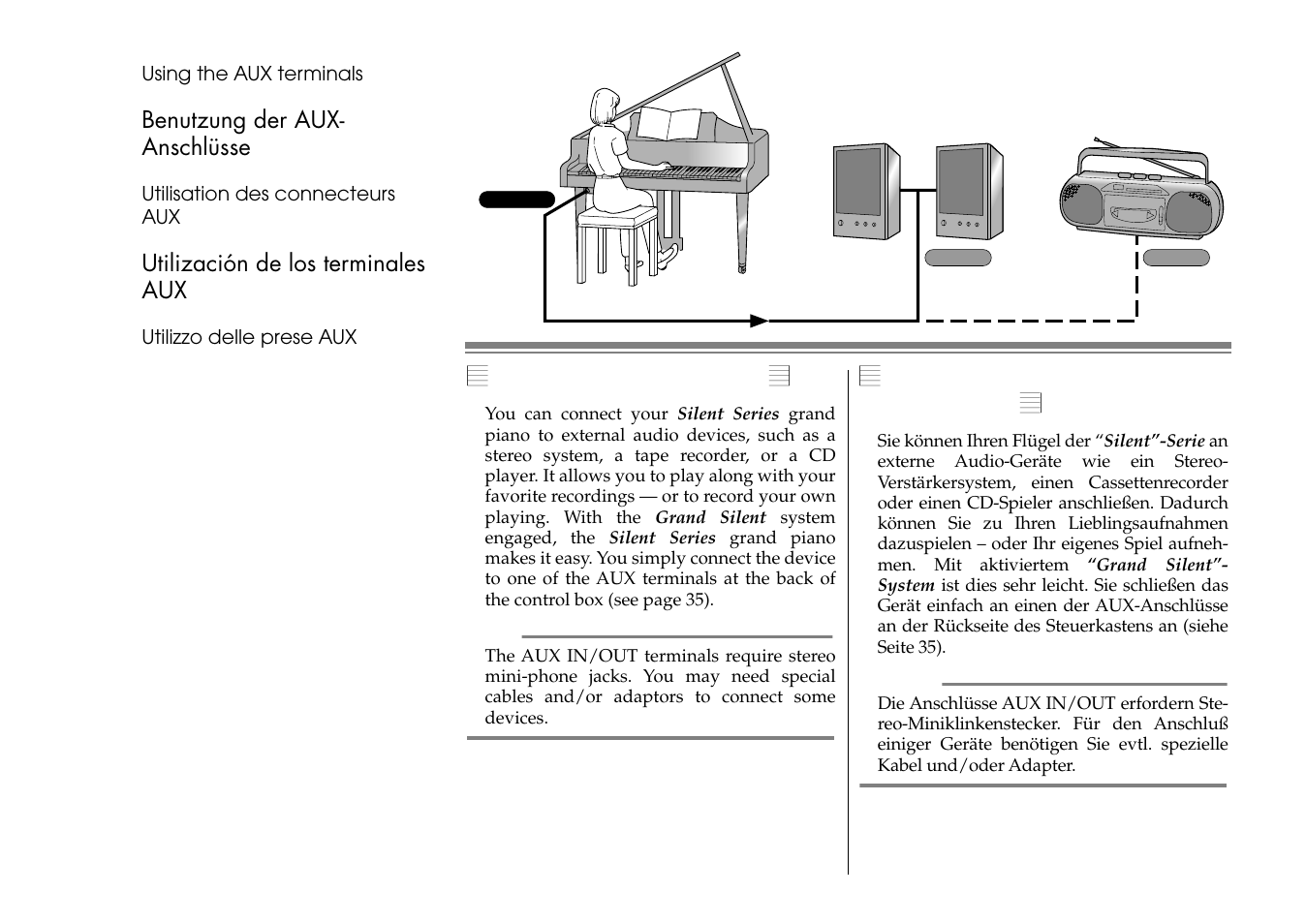 Benutzung der auxanschlusse, Using the aux terminals, Benutzung der aux-anschlüsse | Geräte anzuschließen (siehe seite 37), Benutzung der aux- anschlüsse, Utilización de los terminales aux | Yamaha C1S User Manual | Page 41 / 64