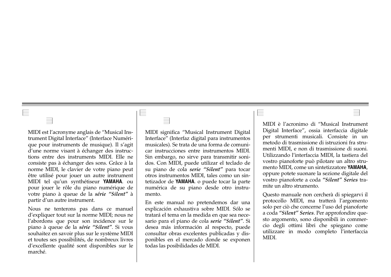 Utilización de los terminales midi, Utilisation des connecteurs midi, Utilizzo dei connettori midi | Yamaha C1S User Manual | Page 46 / 64