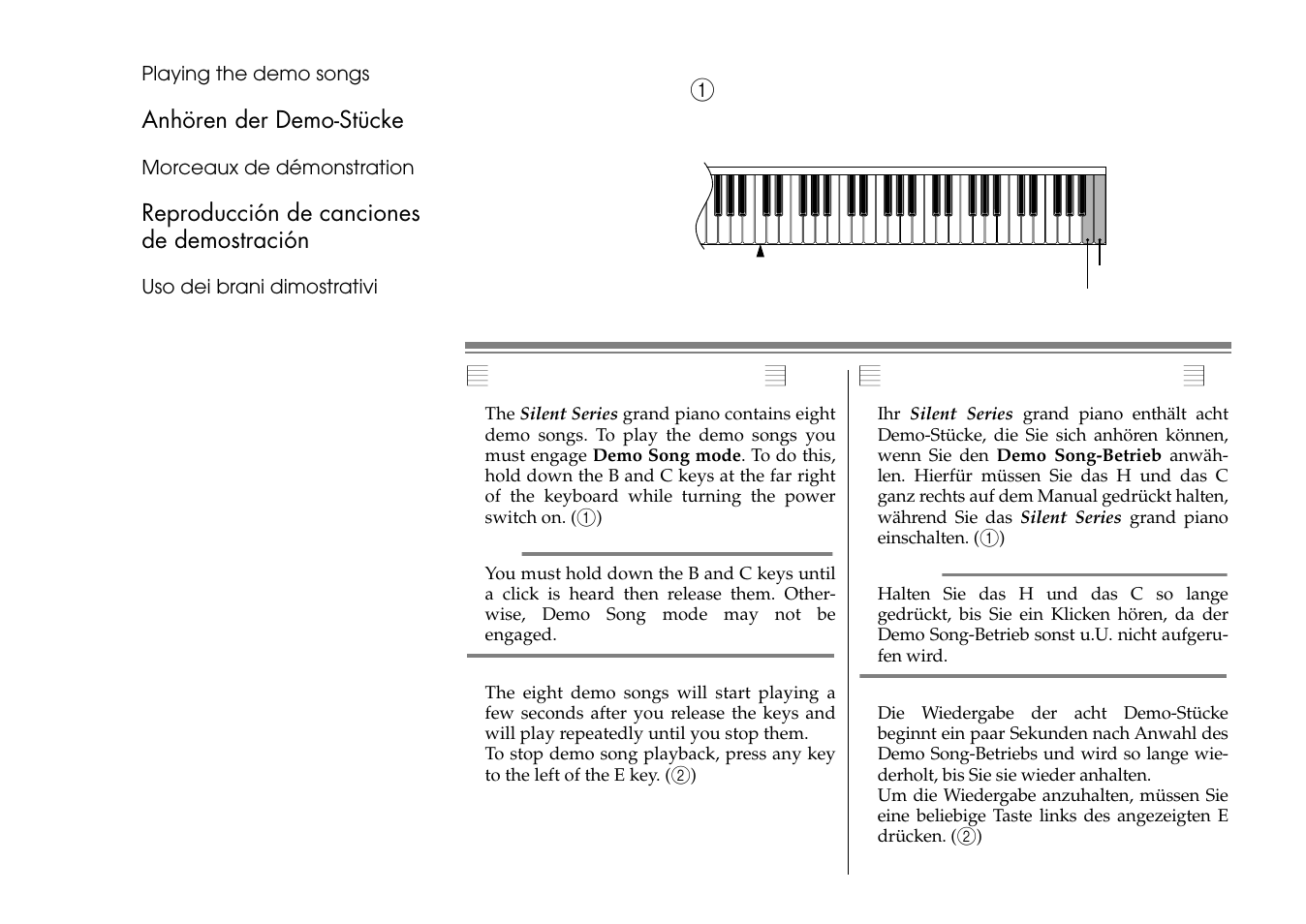 Anhoren der demo-stucke, Playing the demo songs, Anhören der demo-stücke | Yamaha C1S User Manual | Page 53 / 64