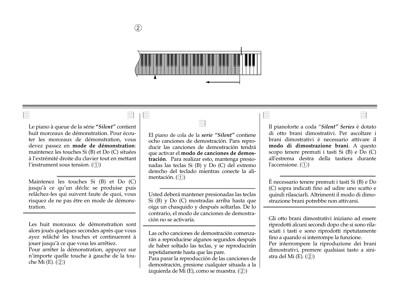 Reproducción de canciones, De demostración, Morceaux de démonstration | Uso dei brani dimostrativi, Reproducción de canciones de demostración | Yamaha C1S User Manual | Page 54 / 64