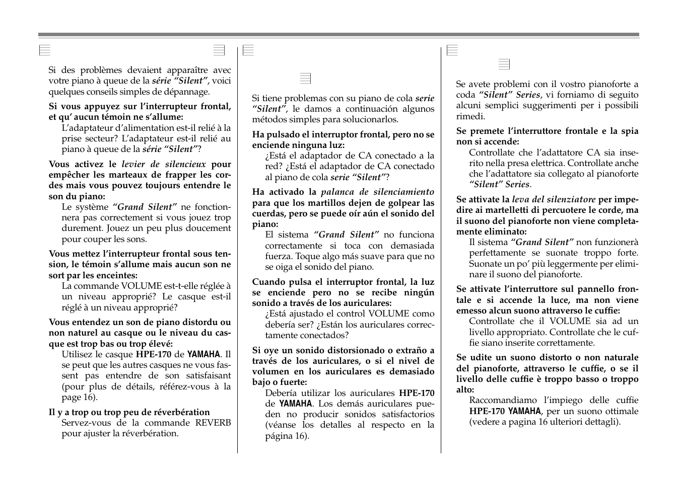Breve sección sobre localización, Y reparación de averías, Guide de dépannage rapide | Inconvenienti e rimedi, Guida rapida, Inconvenienti e rimedi - guida rapida | Yamaha C1S User Manual | Page 58 / 64