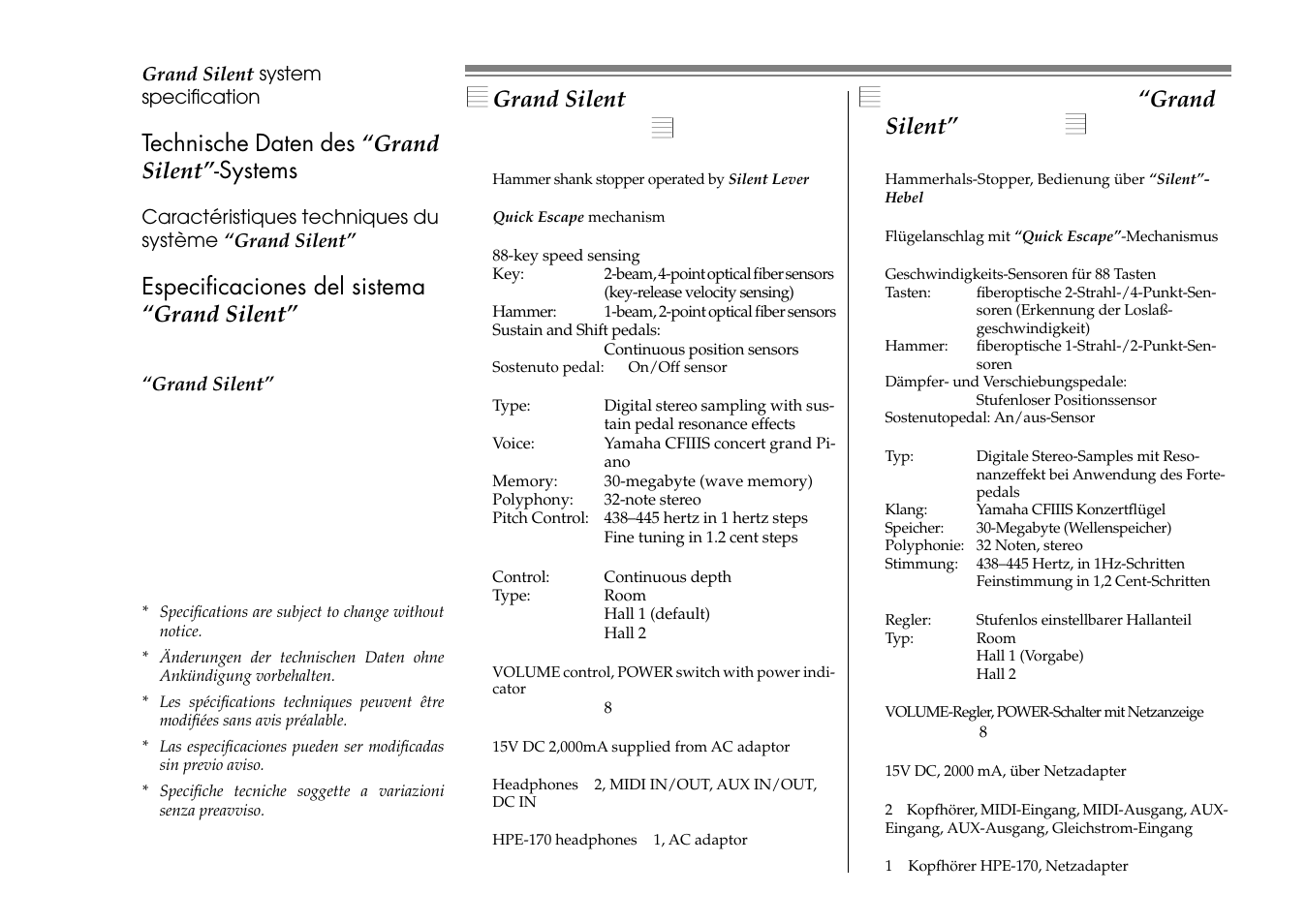 Technische daten des “grand silent”-systems, Grand, Silent | System specifications, Technische daten des, Grand silent, Systems, Technische daten des “grand silent” -systems, Especificaciones del sistema “grand silent, Grand silent system specifications | Yamaha C1S User Manual | Page 61 / 64