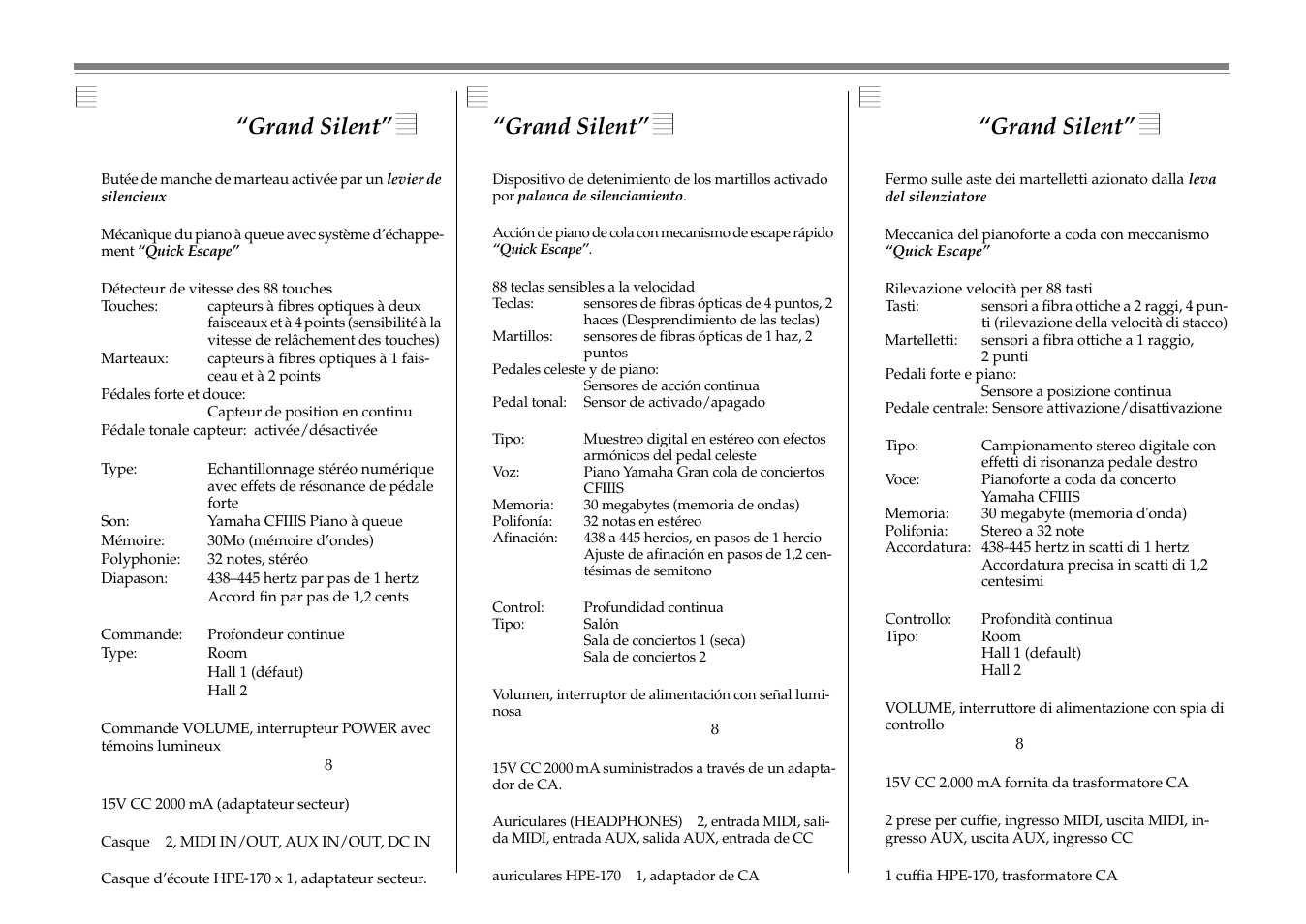 Especificaciones del, Sistema, Grand silent | Caractéristiques techniques du, Système, Specifiche tecniche del, Specifiche tecniche del sistema “grand silent, Especificaciones del sistema “grand silent | Yamaha C1S User Manual | Page 62 / 64