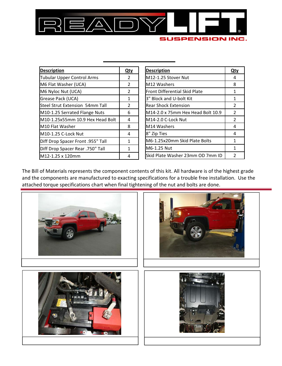 Bill of materials | ReadyLIFT 2014-UP GMC Sierra 1500 SST Lift Kit, 4WD & Z71, 4.0F/1.75"R w/ Uniball UCA" User Manual | Page 3 / 12